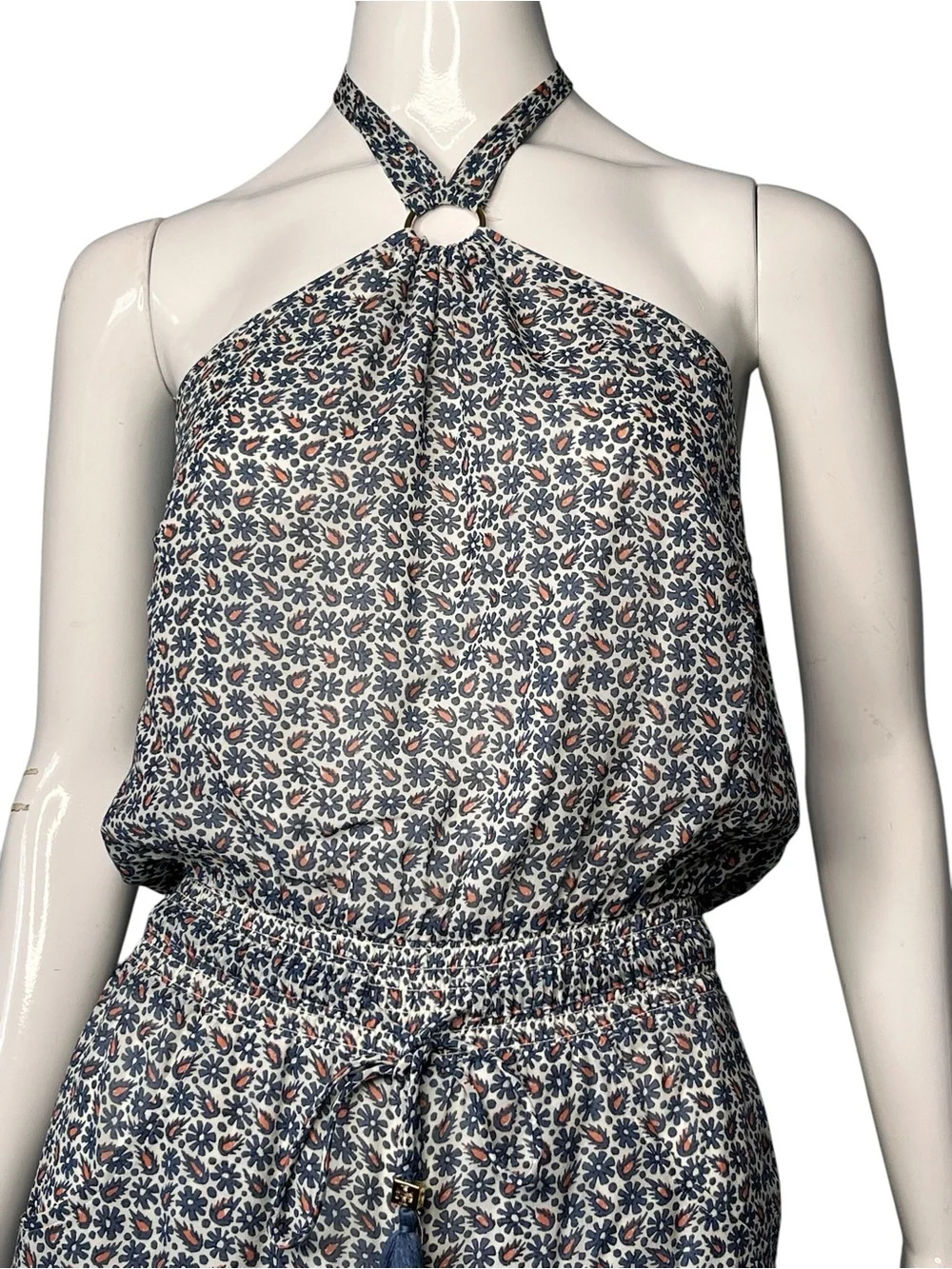 Tory Burch Silk Ditsy Floral Wide Leg Halter D-Ring Tassel Jumpsuit XS